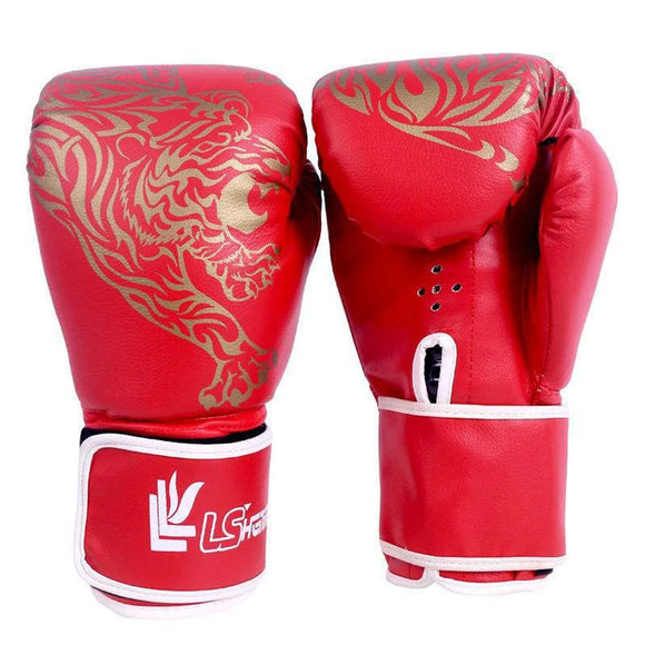 Gants de boxe rouges avec motifs de tigre sur fond blanc