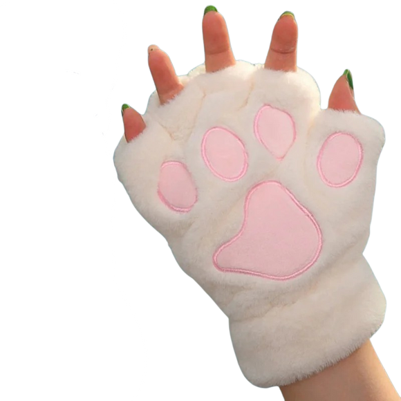 Gants sans doigts en forme de pattes de chat ici sur un fond blanc.