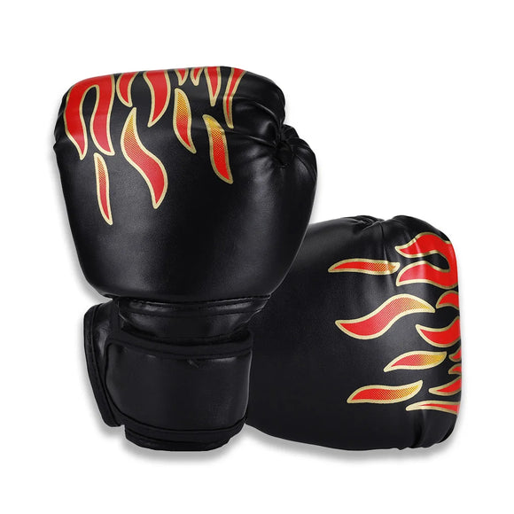 Gant de boxe enfant noir avec motifs de flammes sur fond blanc