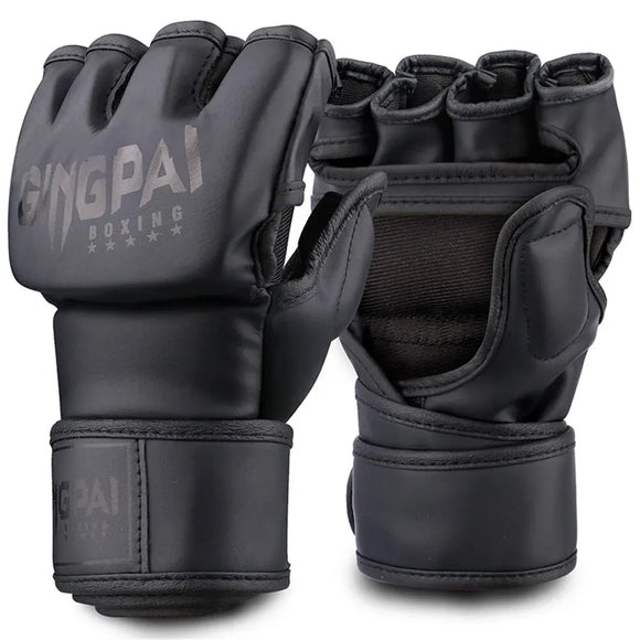 Gants boxe anglaise noir à demi doigts sur fond blanc