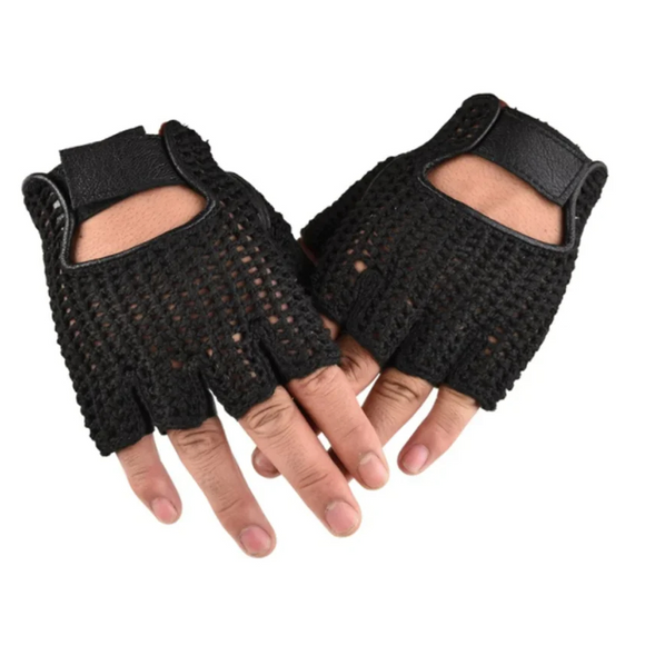 Gants de conduite noirs en cuir avec maille sur fond blanc