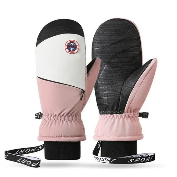 Gants ski femme avec du similicuir antidérapant ici de couleur rose sur fond blanc.